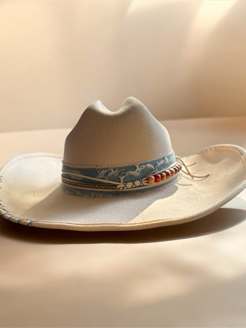 Men's Cream Western Felt Cowboy Hat with Blue Band